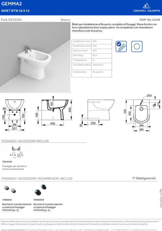 Vaso + Bidet + Sedile Soft Close GEMMA2 Filo Parete Ceramica Dolomite